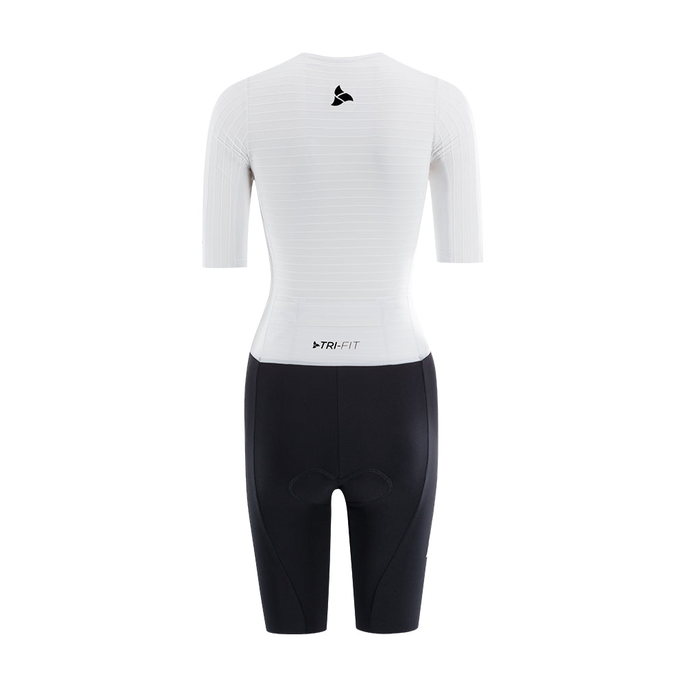 TRI-FIT VORTEX Tri-Suit Black & White edition – rear view women’s tri-suit with aerodynamic pocket system