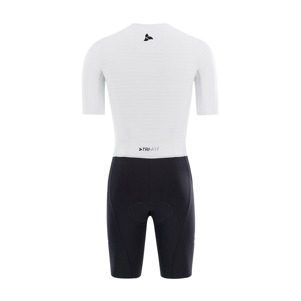 TRI-FIT VORTEX Tri-Suit Black & White edition – rear view men’s tri-suit with aerodynamic pocket system