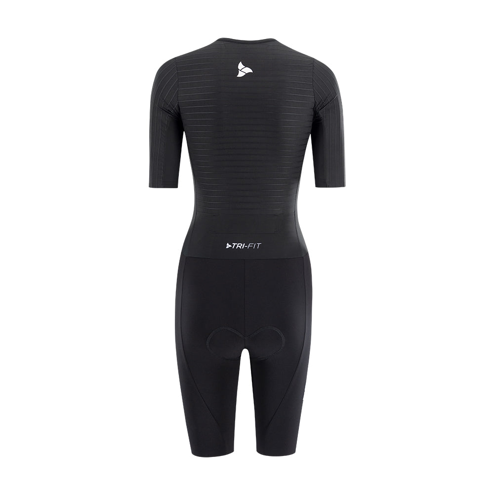 TRI-FIT VORTEX BLACK EDITION Women’s Tri-Suit rear view – aerodynamic rear design with gel pockets
