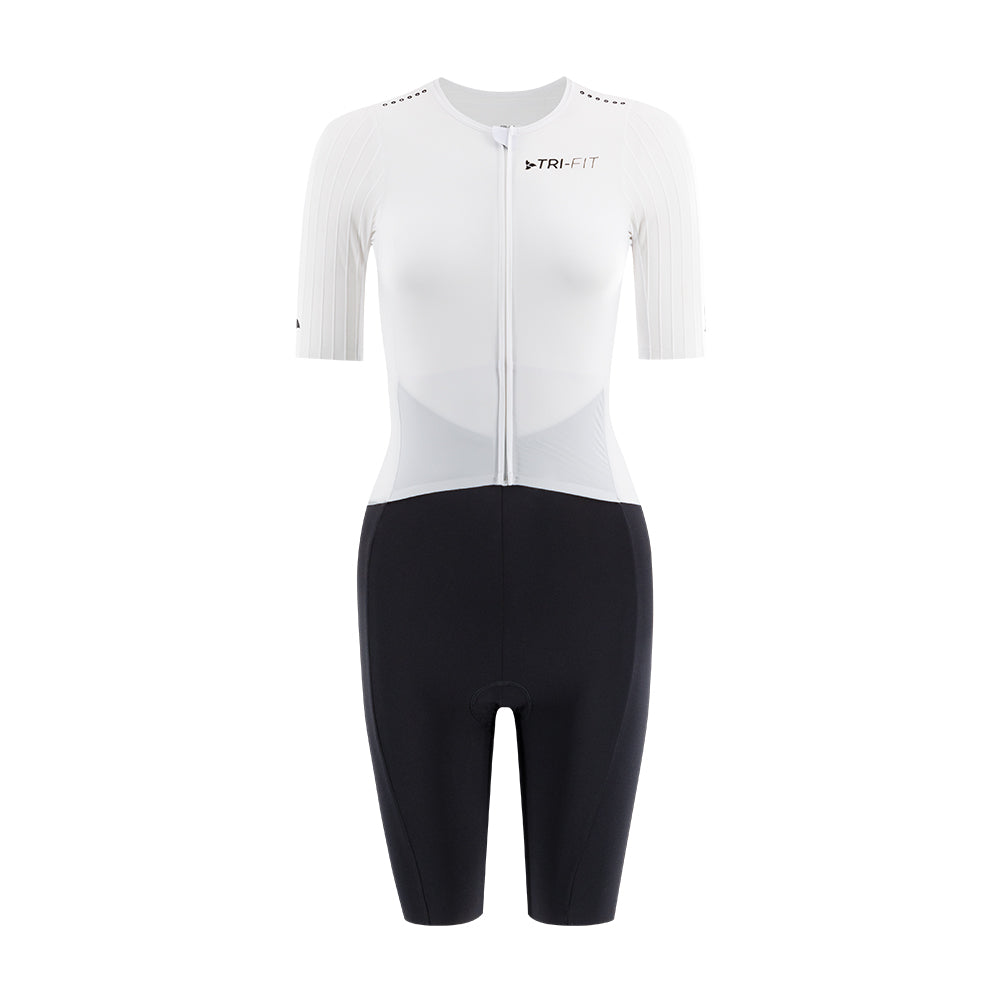 TRI-FIT VORTEX Tri-Suit Black & White edition – front view women’s aerodynamic tri-suit