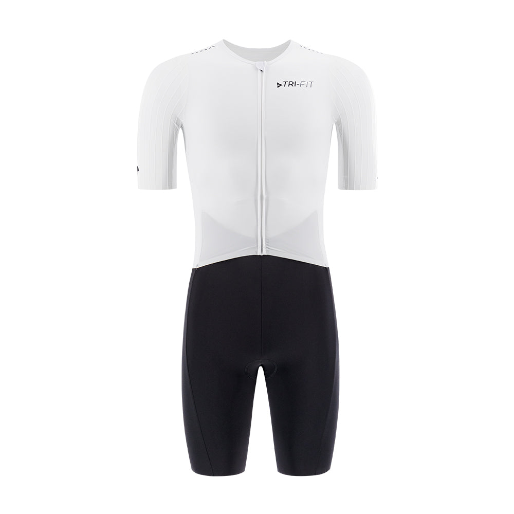 TRI-FIT VORTEX Tri-Suit Black & White edition – front view men’s aerodynamic tri-suit