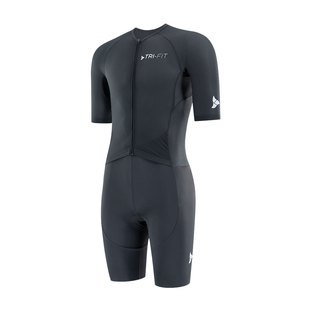 Side profile of men’s VANGUARD tri-suit in grey, showing ergonomic fit and full-body construction
