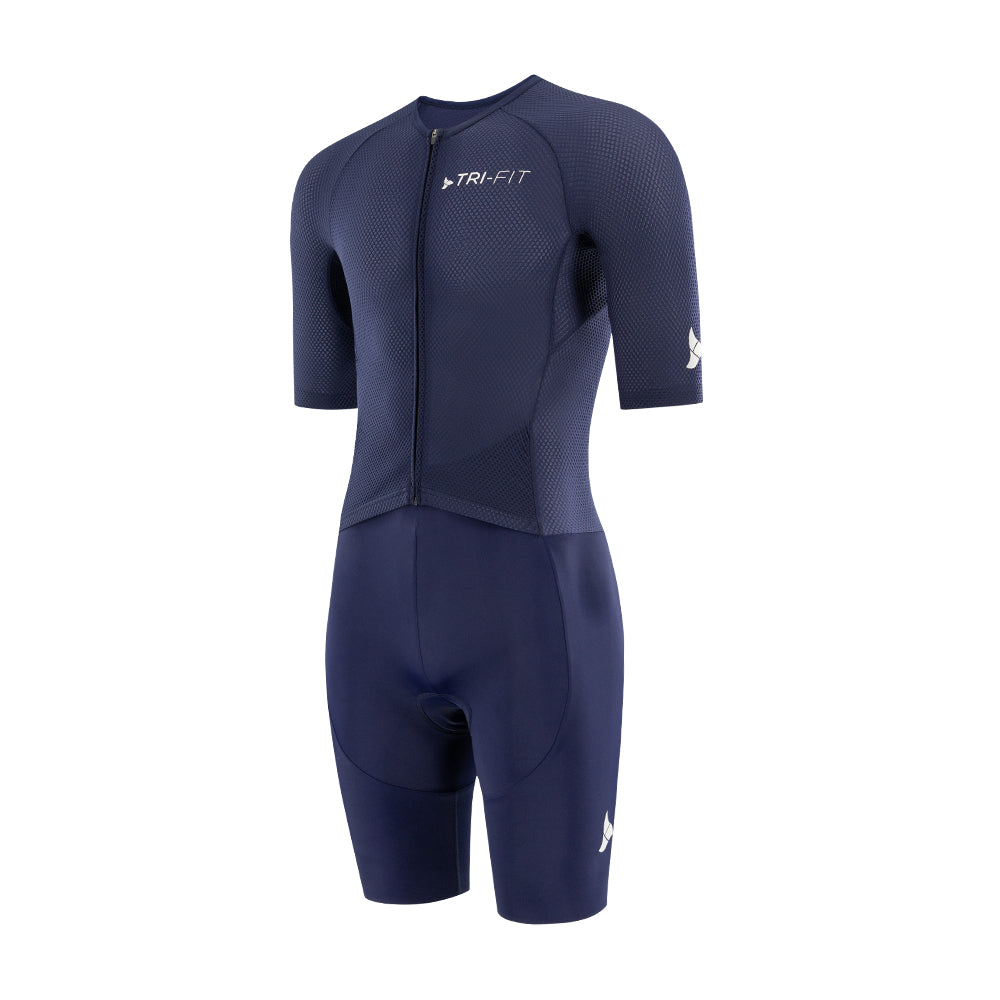 Side profile of men’s VANGUARD tri-suit in navy, showing ergonomic fit and full-body construction