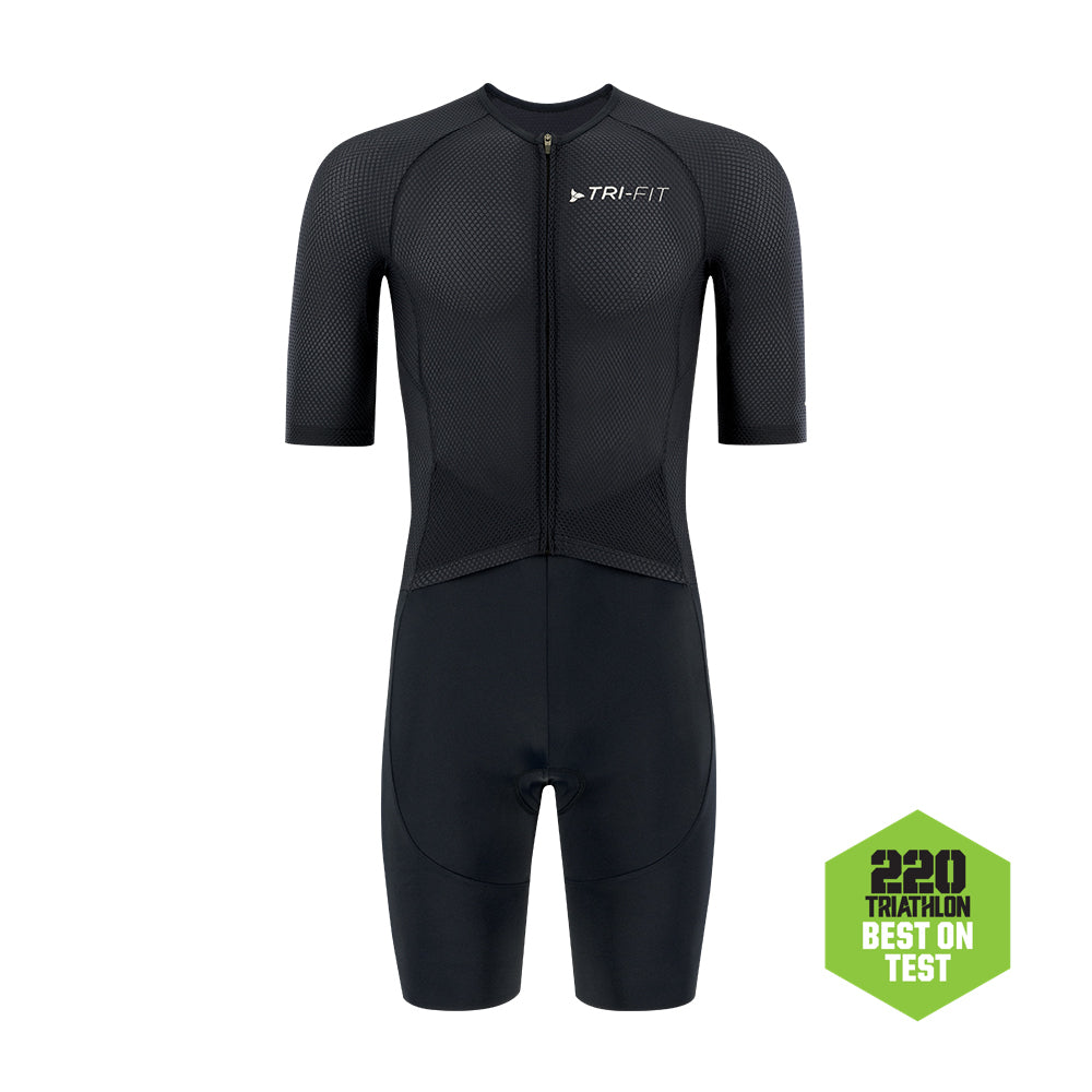 Front view of TRI-FIT men’s VANGUARD tri-suit in black, featuring full-length zip and breathable upper. 220 BEST ON TEST